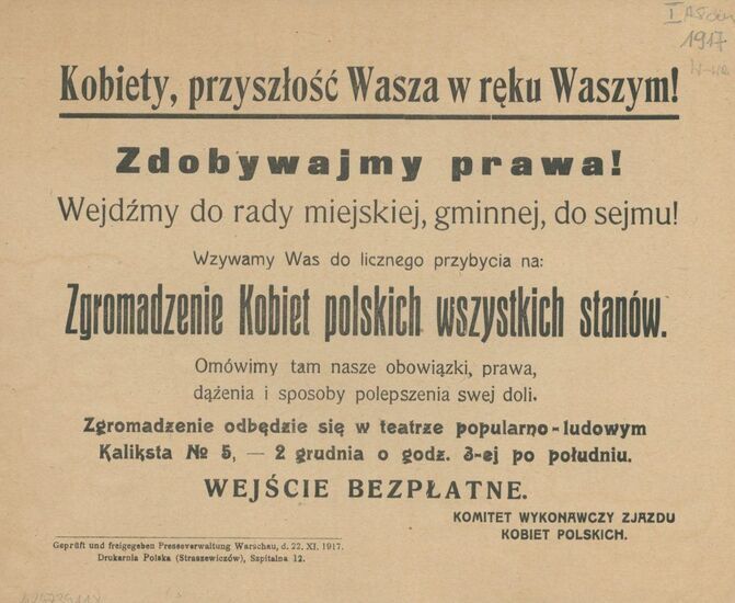 Ulotka Komitetu Wykonawczego Zjazdu Kobiet Polskich, 1917, Polona, Źródło: www.niepodlegla.gov.pl