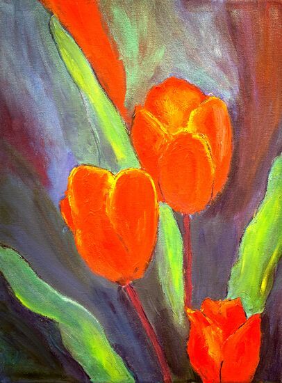 Praca przedstawiająca trzy tulipany